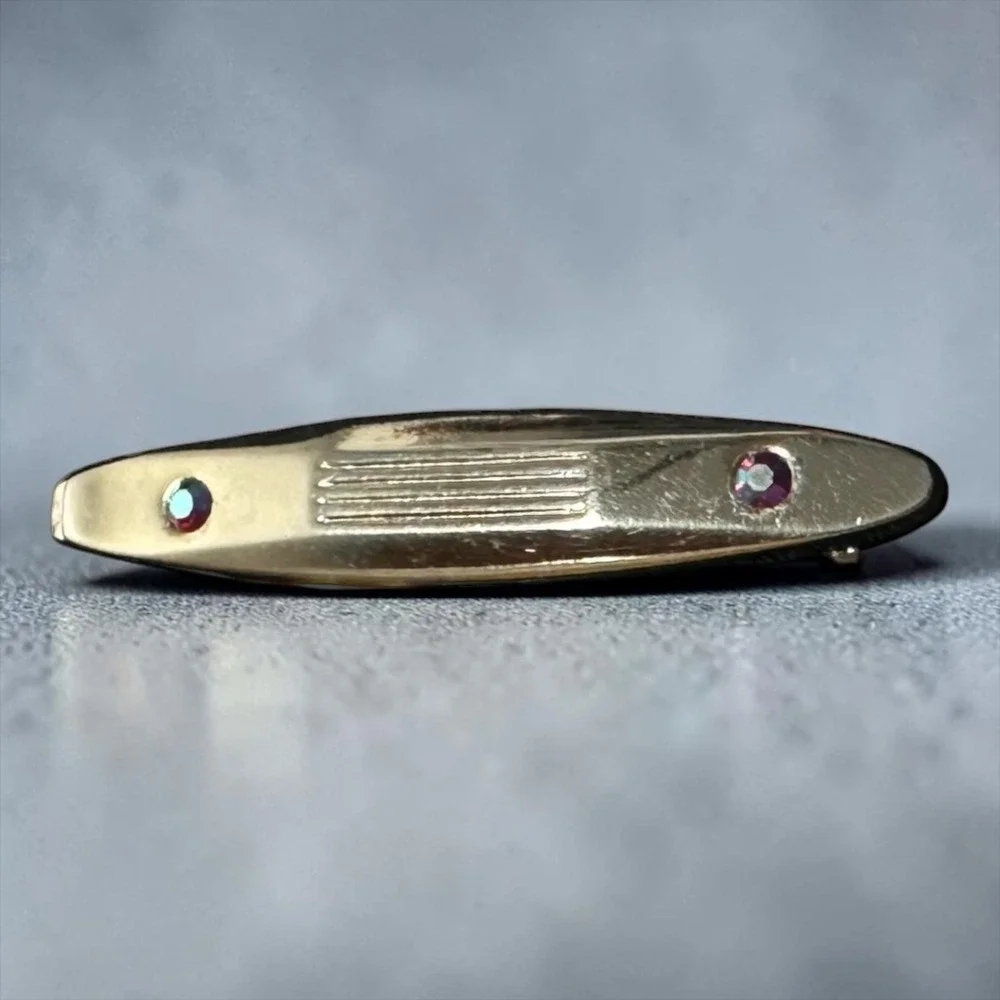 Vintage‎ Gold Tone Tie Clip Red Aurora Rhinestone Mid Century Mens Bar